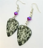 Black Lace Flowers Guitar Pick Earrings with Fuchsia Swarovski Crystals