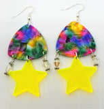 MultiColor Large Guitar Pick Earrings with Neon Star and Swarovski Crystal Dangles