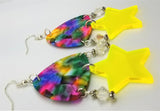 MultiColor Large Guitar Pick Earrings with Neon Star and Swarovski Crystal Dangles