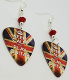 Keep Calm and Play Guitar British Flag Guitar Pick Earrings with Red Swarovski Crystals