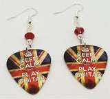 Keep Calm and Play Guitar British Flag Guitar Pick Earrings with Red Swarovski Crystals
