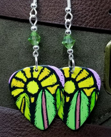 Sun and Trees Guitar Pick Earrings with Green Swarovski Crystals