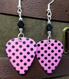 Pink with Black Polka Dots Guitar Pick Earrings with Black Swarovski Crystals