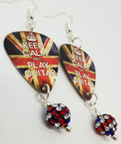Keep Calm and Play Guitar British Flag Guitar Pick Earrings with British Flag Pave Bead Dangles