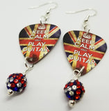 Keep Calm and Play Guitar British Flag Guitar Pick Earrings with British Flag Pave Bead Dangles