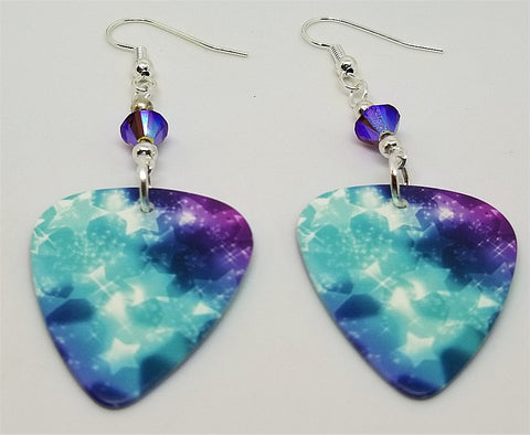 Purple and Blue Starry Guitar Pick Earrings with Purple AB Swarovski Crystals