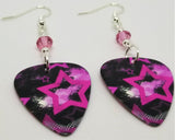 Pink Stars on Black Background Guitar Pick Earrings with Pink Swarovski Crystals