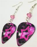 Pink Stars on Black Background Guitar Pick Earrings with Pink Swarovski Crystals