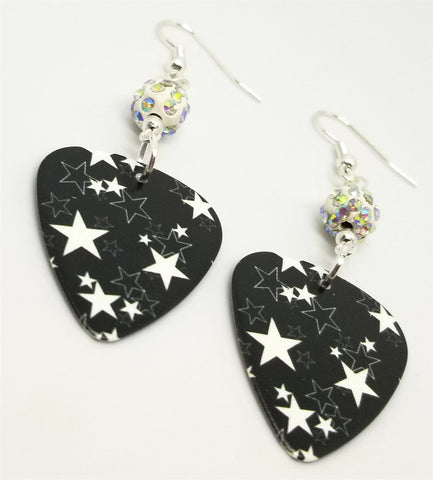 White Stars on Black Guitar Pick Earrings with White AB Pave Beads