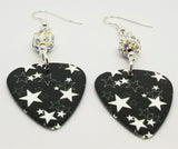 White Stars on Black Guitar Pick Earrings with White AB Pave Beads