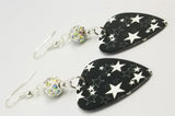 White Stars on Black Guitar Pick Earrings with White AB Pave Beads