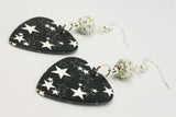 White Stars on Black Guitar Pick Earrings with White AB Pave Beads