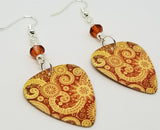 Burnt Red Paisley Pattern Guitar Pick Earrings with Indian Red Swarovski Crystals