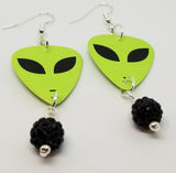 Alien Green Face Guitar Pick Earrings with Black Pave Bead Dangles