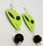 Alien Green Face Guitar Pick Earrings with Black Pave Bead Dangles