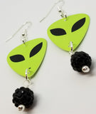 Alien Green Face Guitar Pick Earrings with Black Pave Bead Dangles
