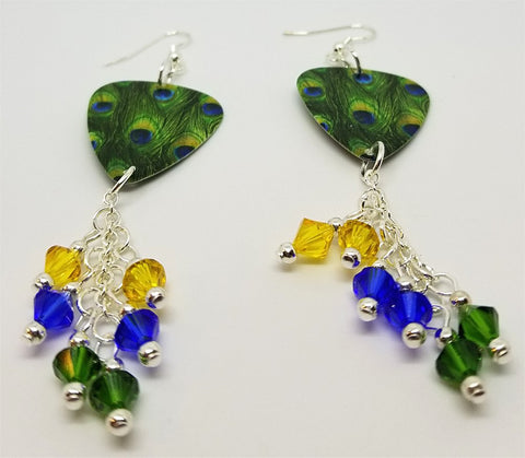 Peacock Feather Guitar Pick Earrings with Blue, Green and Yellow Swarovski Crystal Dangles
