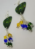 Peacock Feather Guitar Pick Earrings with Blue, Green and Yellow Swarovski Crystal Dangles