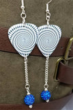 Black and White Spiral Guitar Pick Earrings with Capri Blue Pave Bead Dangles