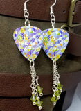 Flowered Origami Paper Style Guitar Pick Earrings with Lime Green Swarovski Crystal Dangles