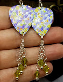 Flowered Origami Paper Style Guitar Pick Earrings with Lime Green Swarovski Crystal Dangles