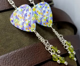 Flowered Origami Paper Style Guitar Pick Earrings with Lime Green Swarovski Crystal Dangles