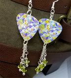 Flowered Origami Paper Style Guitar Pick Earrings with Lime Green Swarovski Crystal Dangles