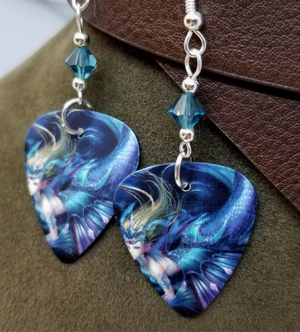 Beautiful Mermaid Guitar Pick Earrings with Ocean Blue Swarovski Crystals