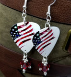 CLEARANCE American Flag Guitar Pick Earrings with Red Swarovski Crystal Dangles