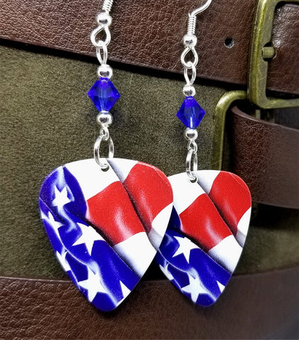 American Flag Guitar Pick Earrings with Blue Swarovski Crystals