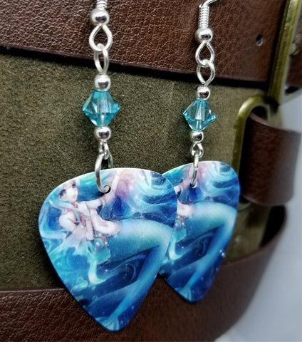 Anime Mermaid Guitar Pick Earrings with Light Turquoise Swarovski Crystals