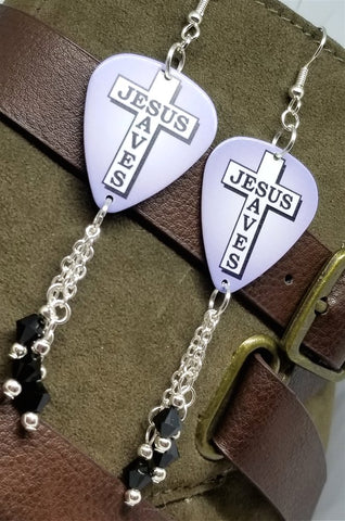 Jesus Saves Cross Guitar Pick Earrings with Black Swarovski Crystal Dangles