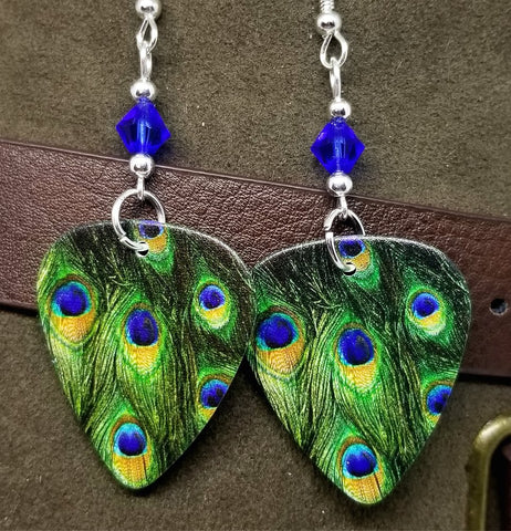 Peacock Guitar Pick Earrings with Blue Swarovski Crystals