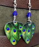 Peacock Guitar Pick Earrings with Blue Swarovski Crystals