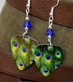 Peacock Guitar Pick Earrings with Blue Swarovski Crystals