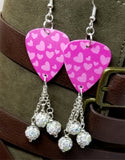 Pink Hearts Guitar Pick Earrings with White AB Pave Bead Dangles