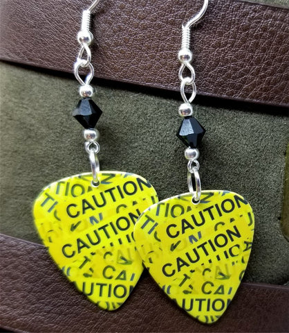 Yellow Caution Tape Guitar Guitar Pick Earrings with Black Swarovski Crystals