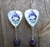 Skull with Purple Flame Hair Guitar Pick Earrings with Purple AB Studded Rhinestone Bead Dangles