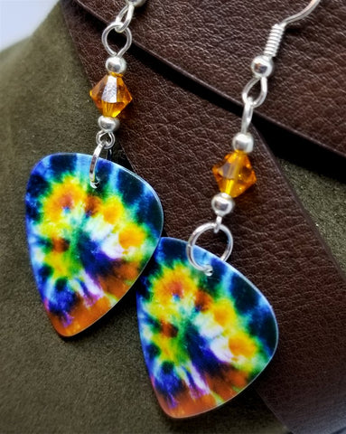 Colorful Tie Dye Guitar Pick Earrings with Orange Swarovski Crystals