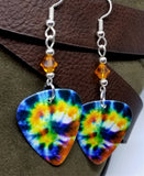 Colorful Tie Dye Guitar Pick Earrings with Orange Swarovski Crystals