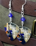 Without Music Life Would Be Flat Acoustic Guitar Pick Earrings with Blue Swarovski Crystals