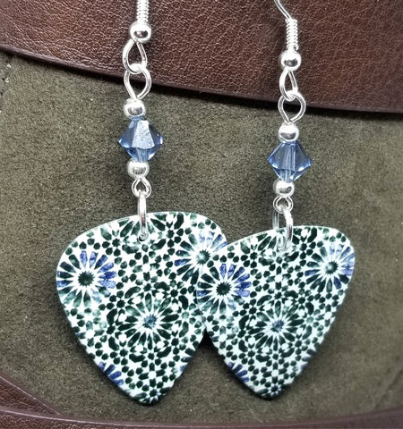 Blue Flower Mosaic Tile Patterned Guitar Pick Earrings with Blue Swarovski Crystals