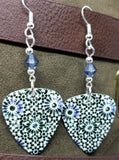 Blue Flower Mosaic Tile Patterned Guitar Pick Earrings with Blue Swarovski Crystals