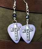 Jesus Saves Cross Guitar Pick Earrings with Black Swarovski Crystals