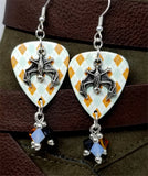 Orange and Blue Argyle Guitar Pick Earrings with Bat Charm Overlay and Swarovski Crystal Dangles