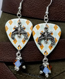 Orange and Blue Argyle Guitar Pick Earrings with Bat Charm Overlay and Swarovski Crystal Dangles