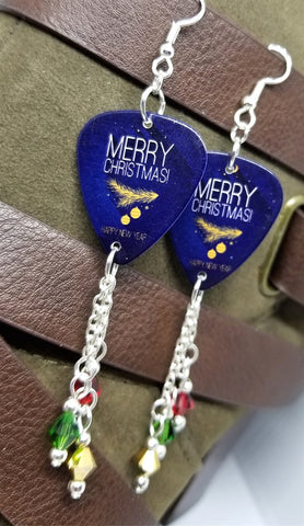 Merry Christmas and Happy New Year Guitar Pick Earrings with Red, Green and Gold Swarovski Crystal Dangles