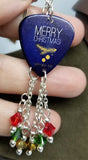Merry Christmas and Happy New Year Guitar Pick Earrings with Red, Green and Gold Swarovski Crystal Dangles
