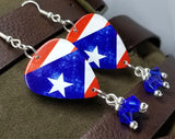 Puerto Rican Flag Guitar Pick Earrings with Blue Swarovski Crystal Dangles
