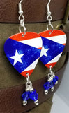 Puerto Rican Flag Guitar Pick Earrings with Blue Swarovski Crystal Dangles